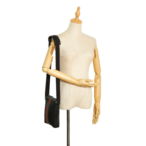 グッチ シェリーライン メッセンジャー 斜め掛け ショルダーバッグ 631195 ブラック キャンバス レザー レディース GUCCI 【中古】