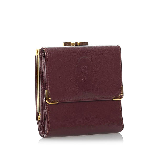 カルティエ マスト 三つ折り財布 ボルドー レザー レディース CARTIER 【中古】