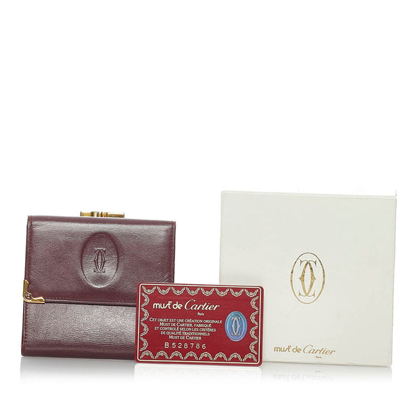 カルティエ マスト 三つ折り財布 ボルドー レザー レディース CARTIER 【中古】