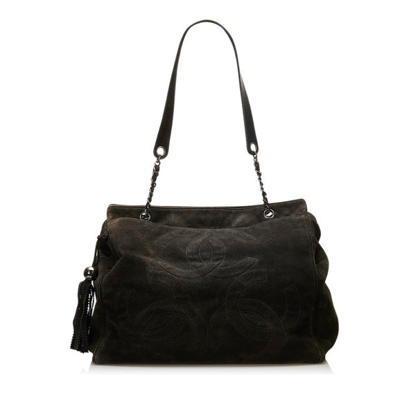 シャネル トリプルココマーク フリンジ ショルダーバッグ トートバッグ ブラック スウェード レディース CHANEL 【中古】