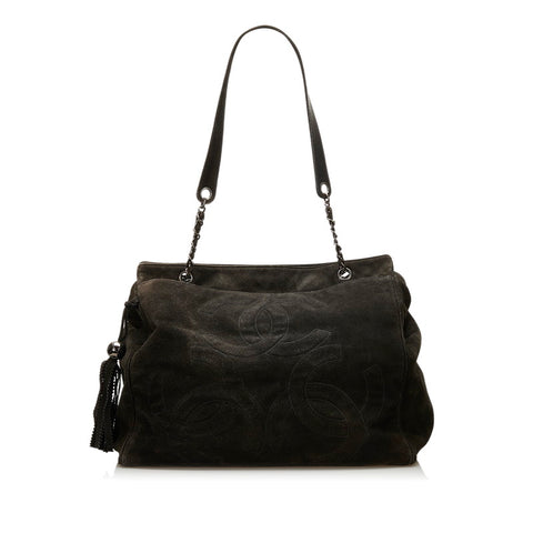 シャネル トリプルココマーク フリンジ ショルダーバッグ トートバッグ ブラック スウェード レディース CHANEL 【中古】