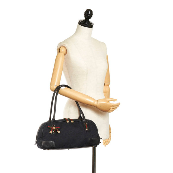 グッチ GGキャンバス シェリーライン ハンドバッグ 161720 ブラック キャンバス レザー レディース GUCCI 【中古】