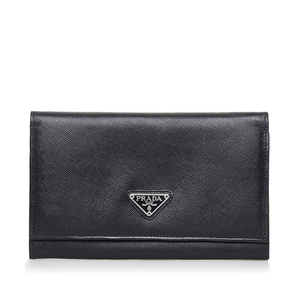 プラダ サフィアーノ 三角ロゴプレート 二つ折り財布 M608 ブラック レザー レディース PRADA 【中古】