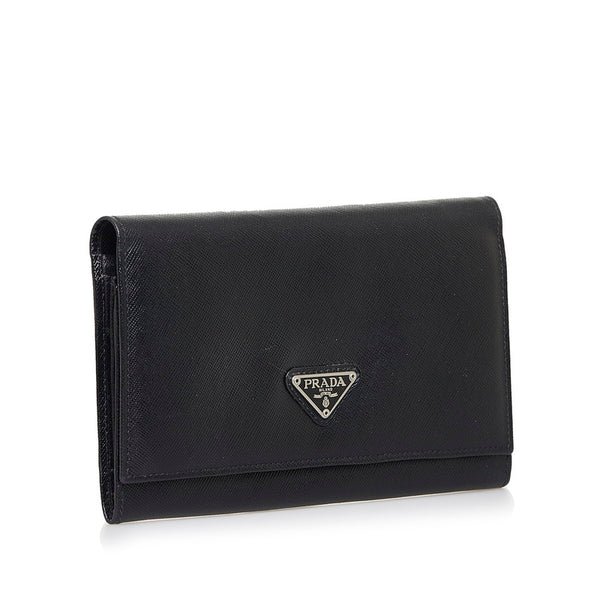 プラダ サフィアーノ 三角ロゴプレート 二つ折り財布 M608 ブラック レザー レディース PRADA 【中古】