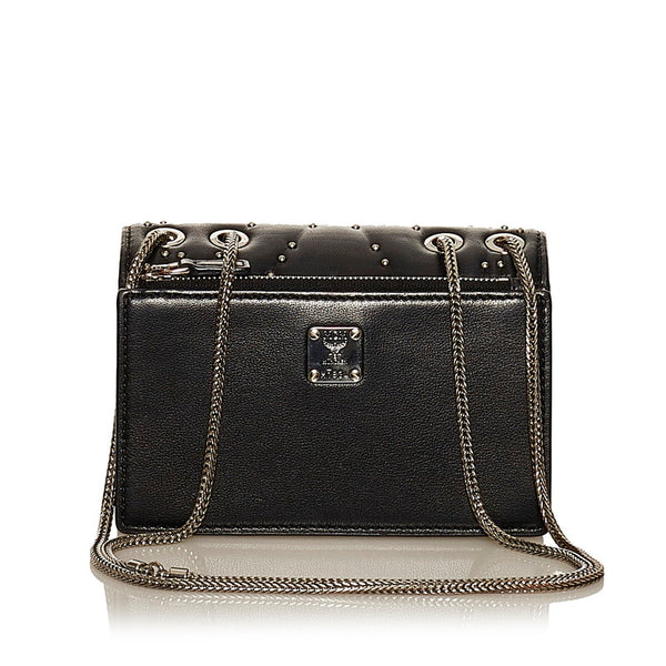 エム シー エム スタッズ ラインストーン チェーン ショルダーバッグ ブラック レザー レディース MCM 【中古】