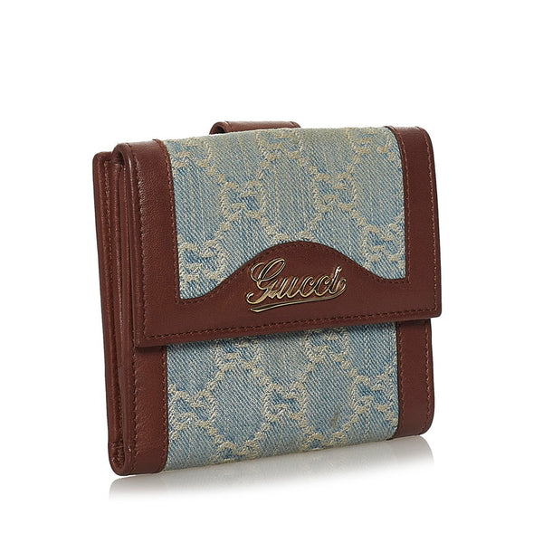 グッチ GGキャンバス 二つ折り財布 282412 ブルー ブラウン デニム レザー レディース GUCCI 【中古】