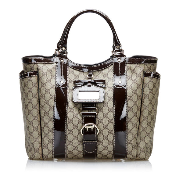 グッチ GGスプリーム トートバッグ 203517 ベージュ ブラウン PVC レザー エナメル レディース GUCCI 【中古】