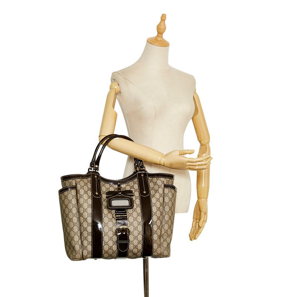 グッチ GGスプリーム トートバッグ 203517 ベージュ ブラウン PVC レザー エナメル レディース GUCCI 【中古】