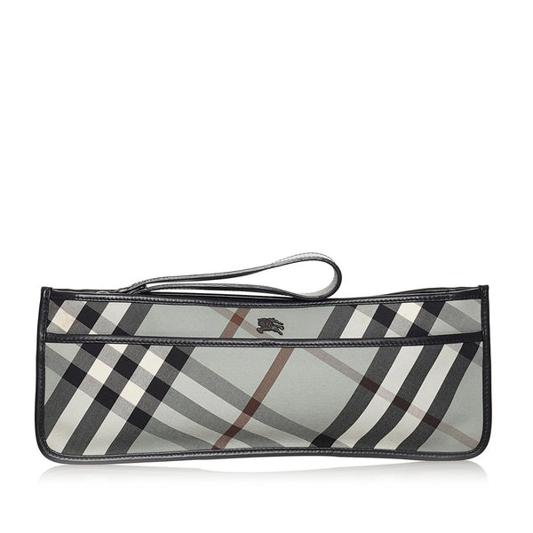 バーバリー チェック クラッチバッグ ブルー ブラック キャンバス レザー レディース BURBERRY 【中古】