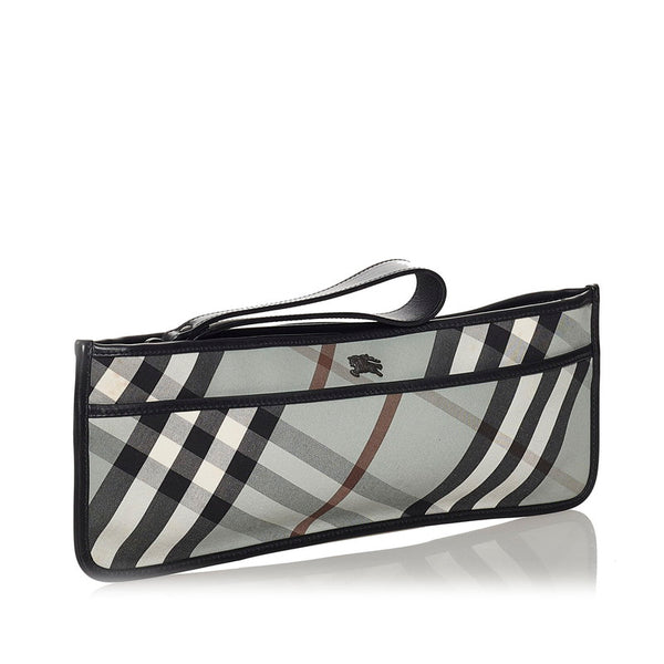 バーバリー チェック クラッチバッグ ブルー ブラック キャンバス レザー レディース BURBERRY 【中古】