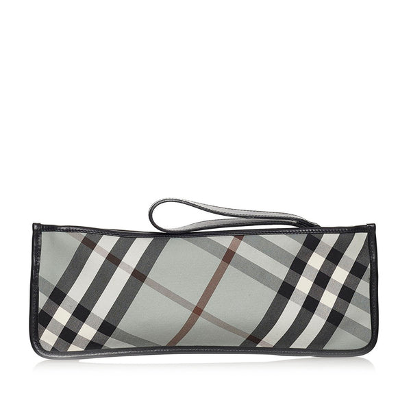 バーバリー チェック クラッチバッグ ブルー ブラック キャンバス レザー レディース BURBERRY 【中古】