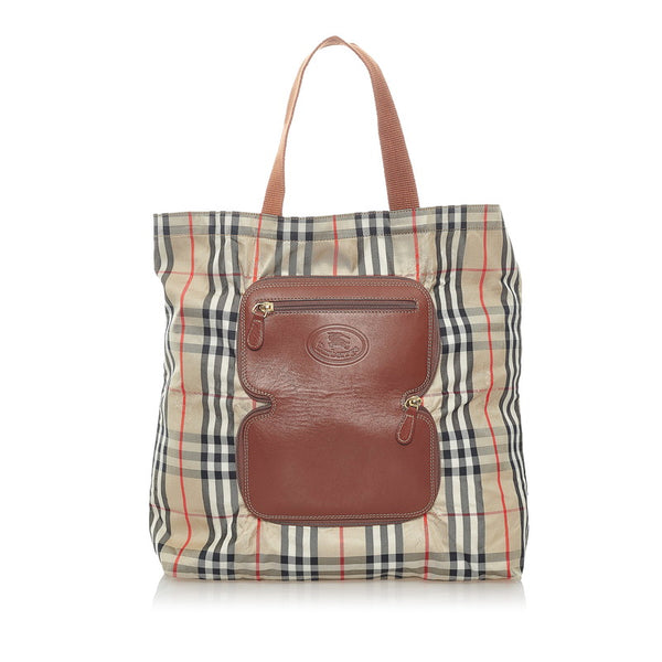 バーバリー ノバチェック シャドーホース 折りたたみ式 トートバッグ  ベージュ キャンバス レザー レディース BURBERRY 【中古】