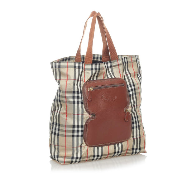 バーバリー ノバチェック シャドーホース 折りたたみ式 トートバッグ  ベージュ キャンバス レザー レディース BURBERRY 【中古】