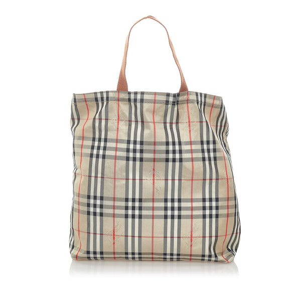 バーバリー ノバチェック シャドーホース 折りたたみ式 トートバッグ  ベージュ キャンバス レザー レディース BURBERRY 【中古】