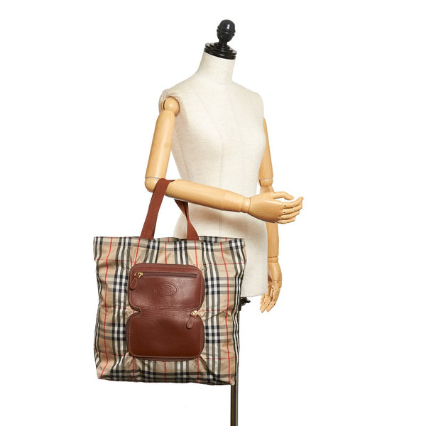 バーバリー ノバチェック シャドーホース 折りたたみ式 トートバッグ  ベージュ キャンバス レザー レディース BURBERRY 【中古】