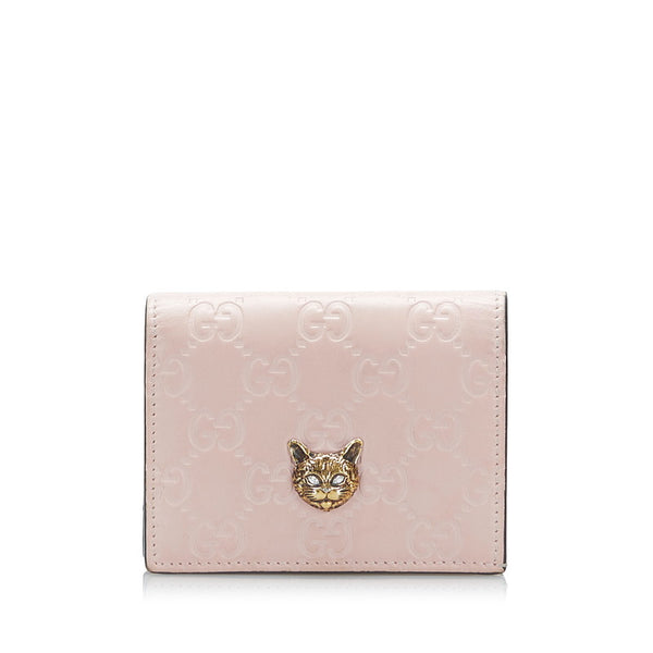 グッチ グッチシマ キャット 猫 二つ折り財布 548057 ピンク レザー レディース GUCCI 【中古】