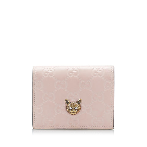 グッチ グッチシマ キャット 猫 二つ折り財布 548057 ピンク レザー レディース GUCCI 【中古】