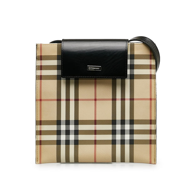 バーバリー ノバチェック ロゴプレート 斜め掛け ショルダーバッグ ベージュ ブラック PVC レザー レディース BURBERRY 【中古】