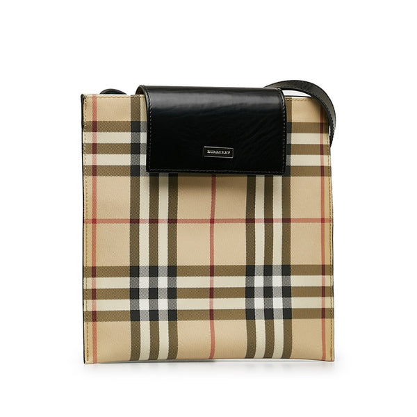 バーバリー ノバチェック ロゴプレート 斜め掛け ショルダーバッグ ベージュ ブラック PVC レザー レディース BURBERRY 【中古】