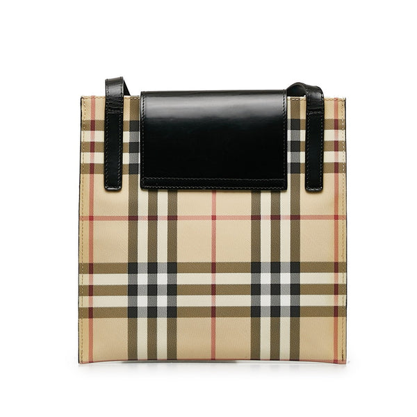 バーバリー ノバチェック ロゴプレート 斜め掛け ショルダーバッグ ベージュ ブラック PVC レザー レディース BURBERRY 【中古】