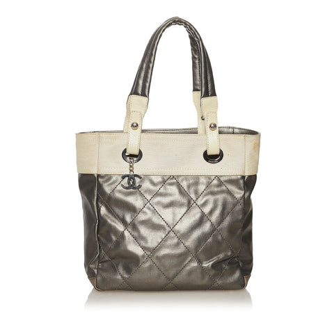 シャネル パリビアリッツ トート PM トートバッグ シルバー ホワイト キャンバス レザー レディース CHANEL 【中古】
