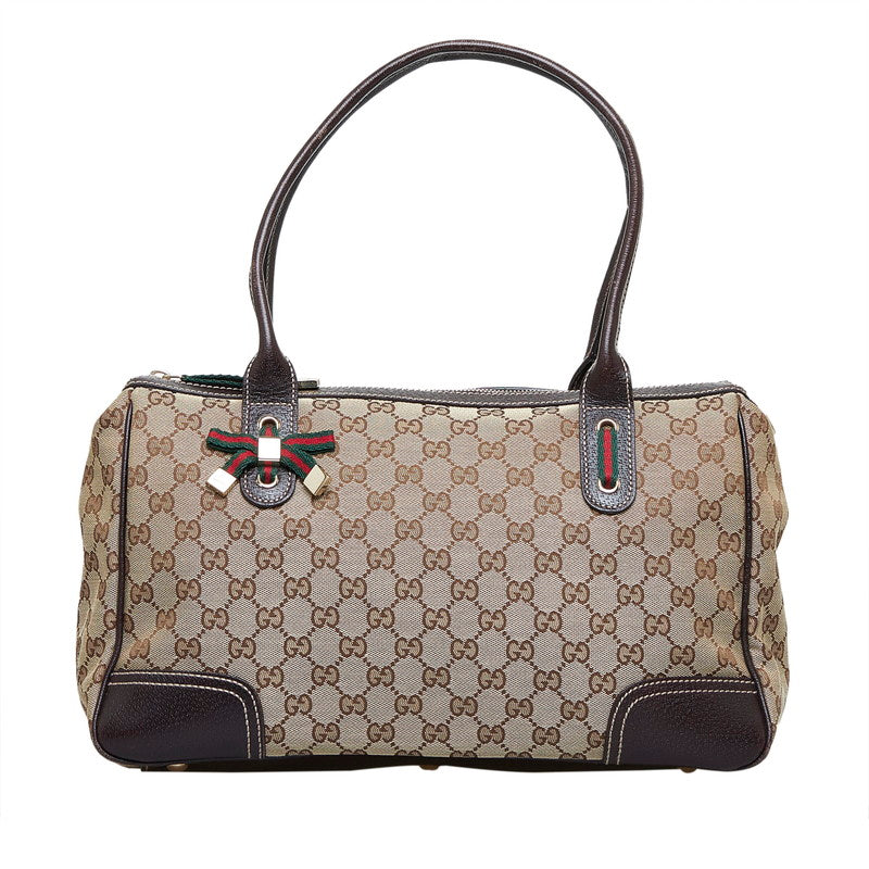 グッチ GGキャンバス シェリーライン プリンシー ハンドバッグ トートバッグ 177052 ベージュ ブラウン キャンバス レザー レディース GUCCI 【中古】