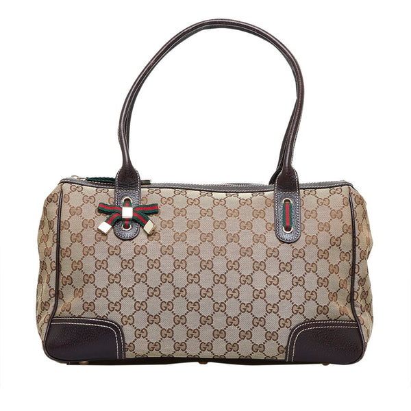グッチ GGキャンバス シェリーライン プリンシー ハンドバッグ トートバッグ 177052 ベージュ ブラウン キャンバス レザー レディース GUCCI 【中古】