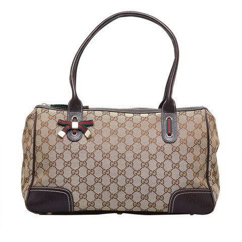 グッチ GGキャンバス シェリーライン プリンシー ハンドバッグ トートバッグ 177052 ベージュ ブラウン キャンバス レザー レディース GUCCI 【中古】