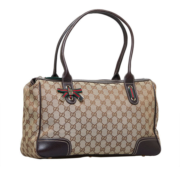 グッチ GGキャンバス シェリーライン プリンシー ハンドバッグ トートバッグ 177052 ベージュ ブラウン キャンバス レザー レディース GUCCI 【中古】