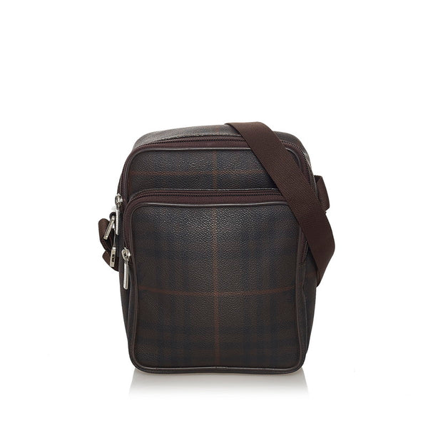 バーバリー チェック 斜め掛け ショルダーバッグ ダークブラウン PVC レザー レディース BURBERRY 【中古】