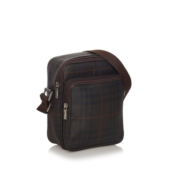 バーバリー チェック 斜め掛け ショルダーバッグ ダークブラウン PVC レザー レディース BURBERRY 【中古】