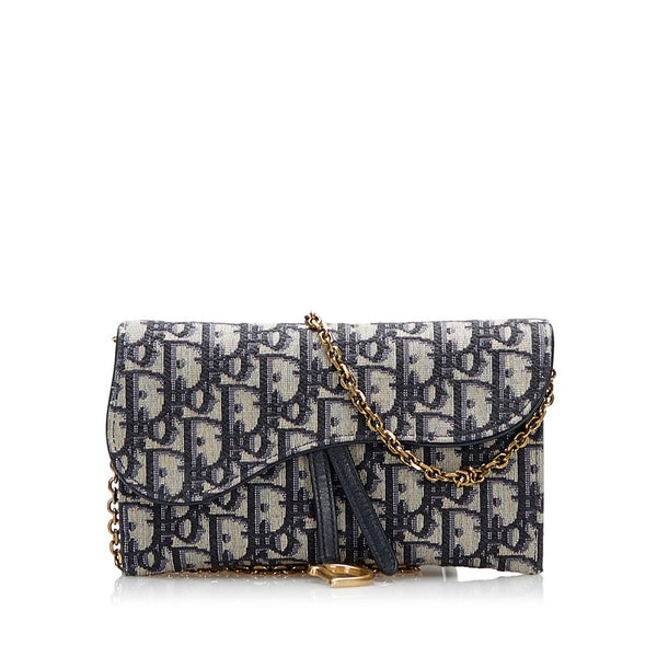 ディオール トロッター サドル チェーンウォレット ネイビー キャンバス レザー レディース Dior 【中古】