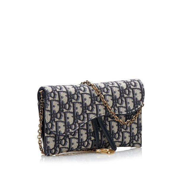 ディオール トロッター サドル チェーンウォレット ネイビー キャンバス レザー レディース Dior 【中古】