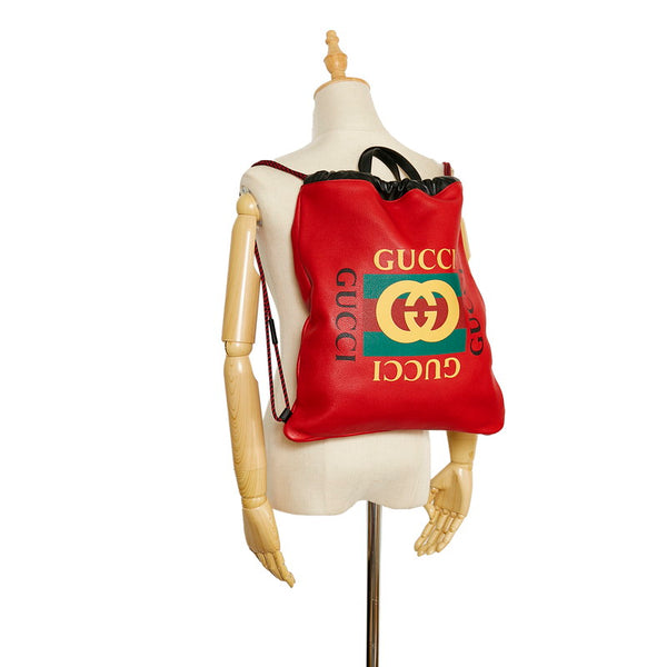 グッチ ドローストリング ロゴ ナップサック リュックサック 516639 レッド レザー レディース GUCCI 【中古】