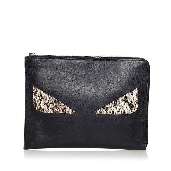 フェンディ バグズアイ モンスター クラッチバッグ 8M0370 ブラック レザー メンズ FENDI 【中古】