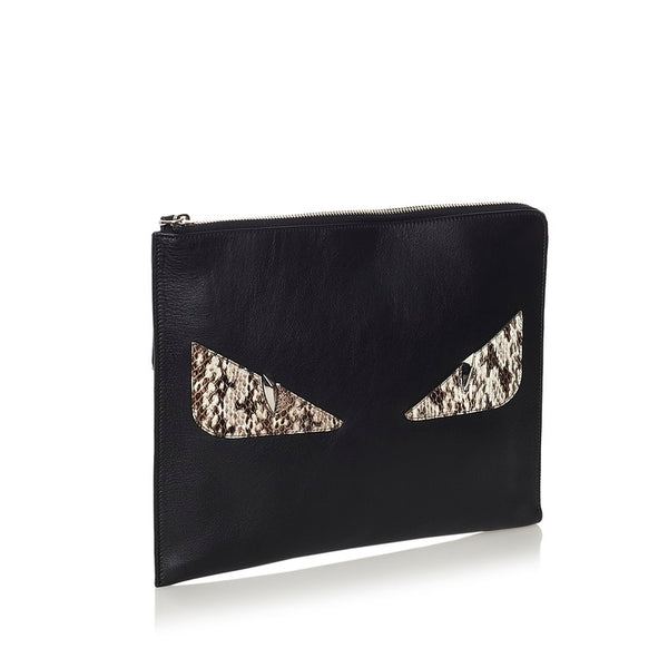 フェンディ バグズアイ モンスター クラッチバッグ 8M0370 ブラック レザー メンズ FENDI 【中古】
