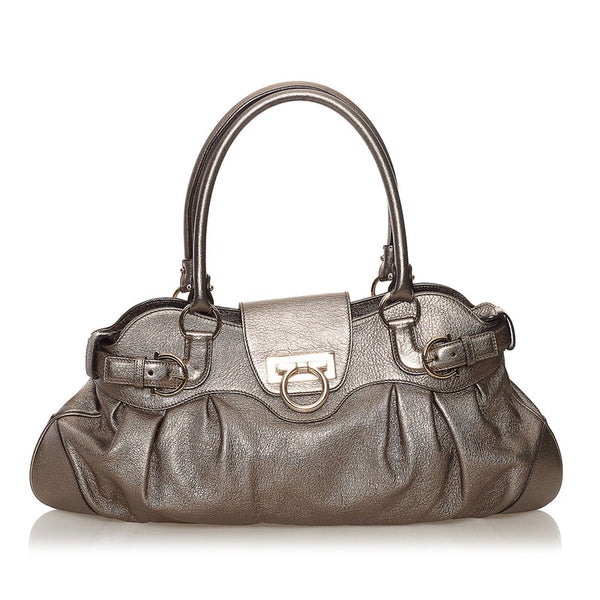 サルヴァトーレフェラガモ ガンチーニ ハンドバッグ AU-21 5370 シルバー レザー レディース Salvatore Ferragamo 【中古】