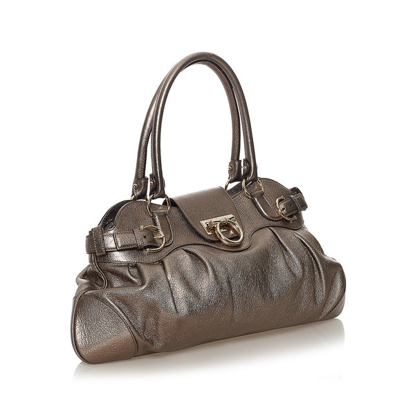 サルヴァトーレフェラガモ ガンチーニ ハンドバッグ AU-21 5370 シルバー レザー レディース Salvatore Ferragamo 【中古】