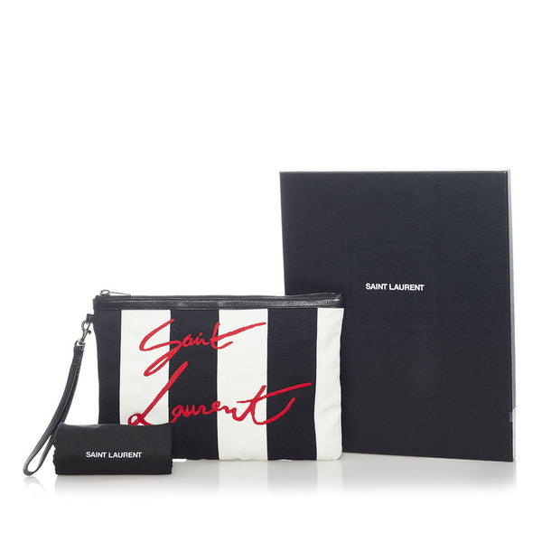 サンローラン ストライプ クラッチバッグ ブラック ホワイト キャンバス レザー レディース SAINT LAURENT 【中古】