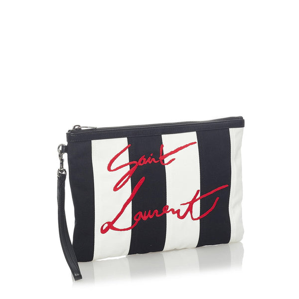 サンローラン ストライプ クラッチバッグ ブラック ホワイト キャンバス レザー レディース SAINT LAURENT 【中古】