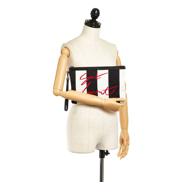 サンローラン ストライプ クラッチバッグ ブラック ホワイト キャンバス レザー レディース SAINT LAURENT 【中古】