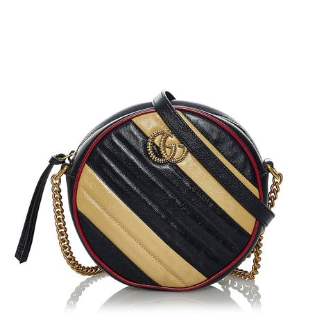 グッチ GGマーモント ラウンド ミニ ショルダーバッグ 550154 ブラック ベージュ レザー レディース GUCCI 【中古】