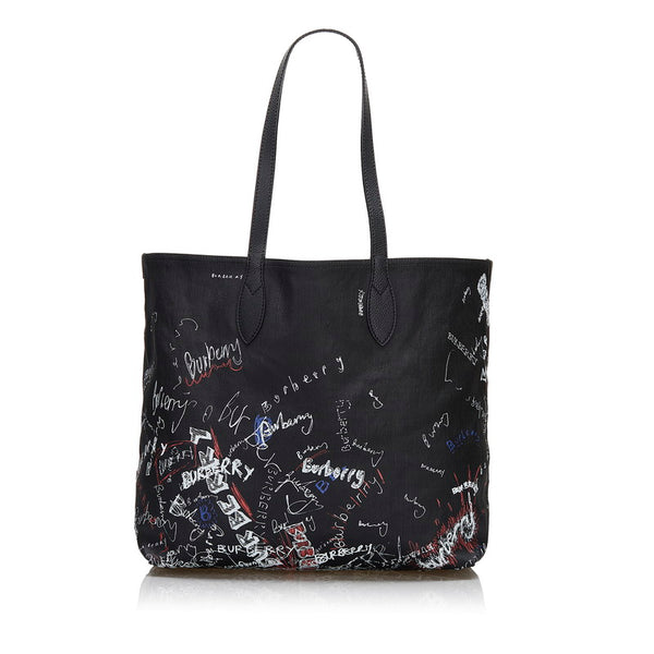 バーバリー ドゥードル リバーシブル トートバッグ ハンドバッグ ブラック マルチカラー キャンバス レザー レディース BURBERRY 【中古】