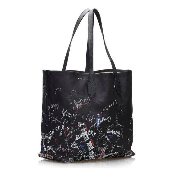 バーバリー ドゥードル リバーシブル トートバッグ ハンドバッグ ブラック マルチカラー キャンバス レザー レディース BURBERRY 【中古】