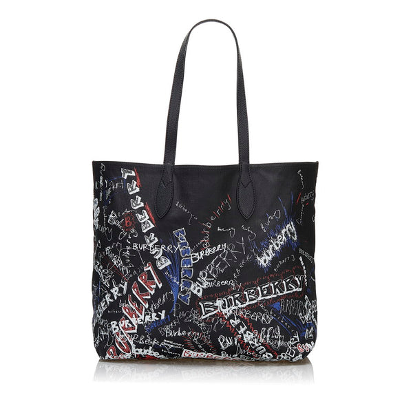 バーバリー ドゥードル リバーシブル トートバッグ ハンドバッグ ブラック マルチカラー キャンバス レザー レディース BURBERRY 【中古】