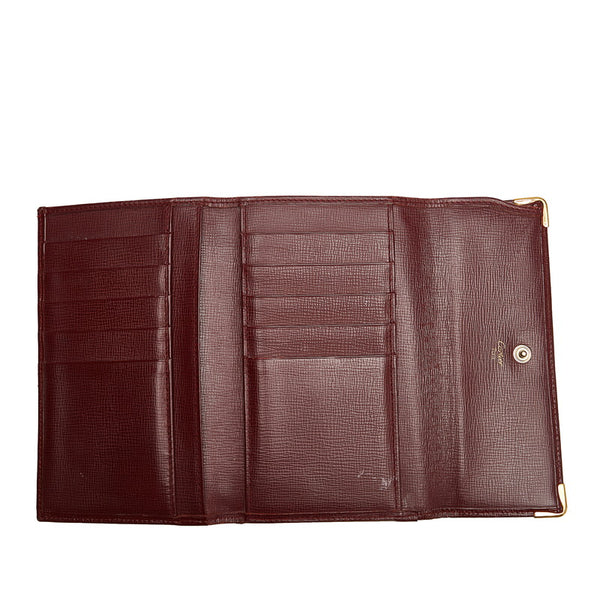 カルティエ マスト 三つ折り財布 ボルドー レザー レディース CARTIER 【中古】