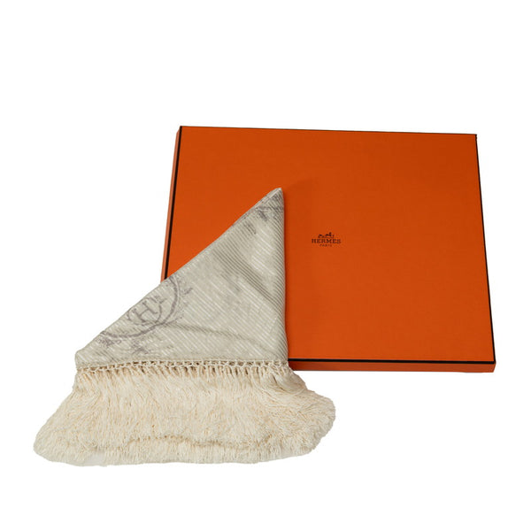 エルメス ポワント ノマード カレ フリンジ 大判 三角 ストール スカーフ ホワイト コットン ポリエステル テンセル レディース HERMES 【中古】