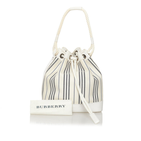 バーバリー ストライプ ショルダーバッグ ホワイト ネイビー レザー キャンバス レディース BURBERRY 【中古】