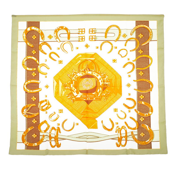 エルメス カレ90 porte-bonheur 幸運のお守り スカーフ グリーン ホワイト マルチカラー シルク レディース HERMES 【中古】
