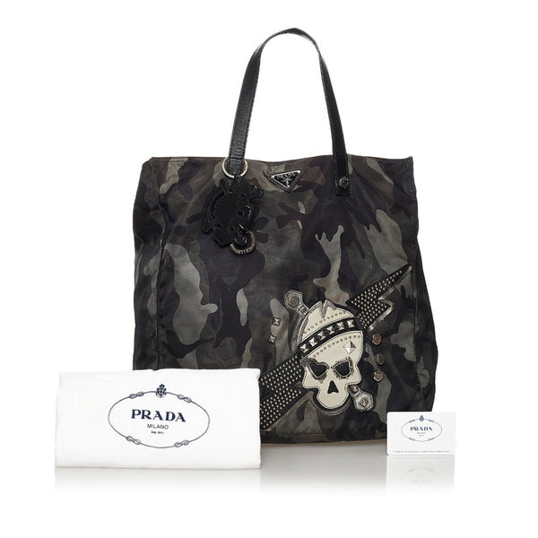 プラダ ポコノ カモフラ スタッズ  スカル ブラック カーキ グリーン ナイロン レザー トートバッグ メンズ PRADA 【中古】
